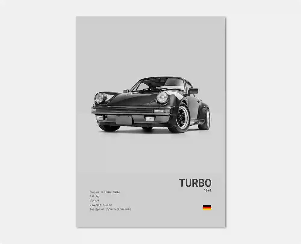 Póster en blanco y negro de coches Porsche