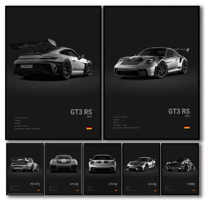 Póster en blanco y negro de coches Porsche