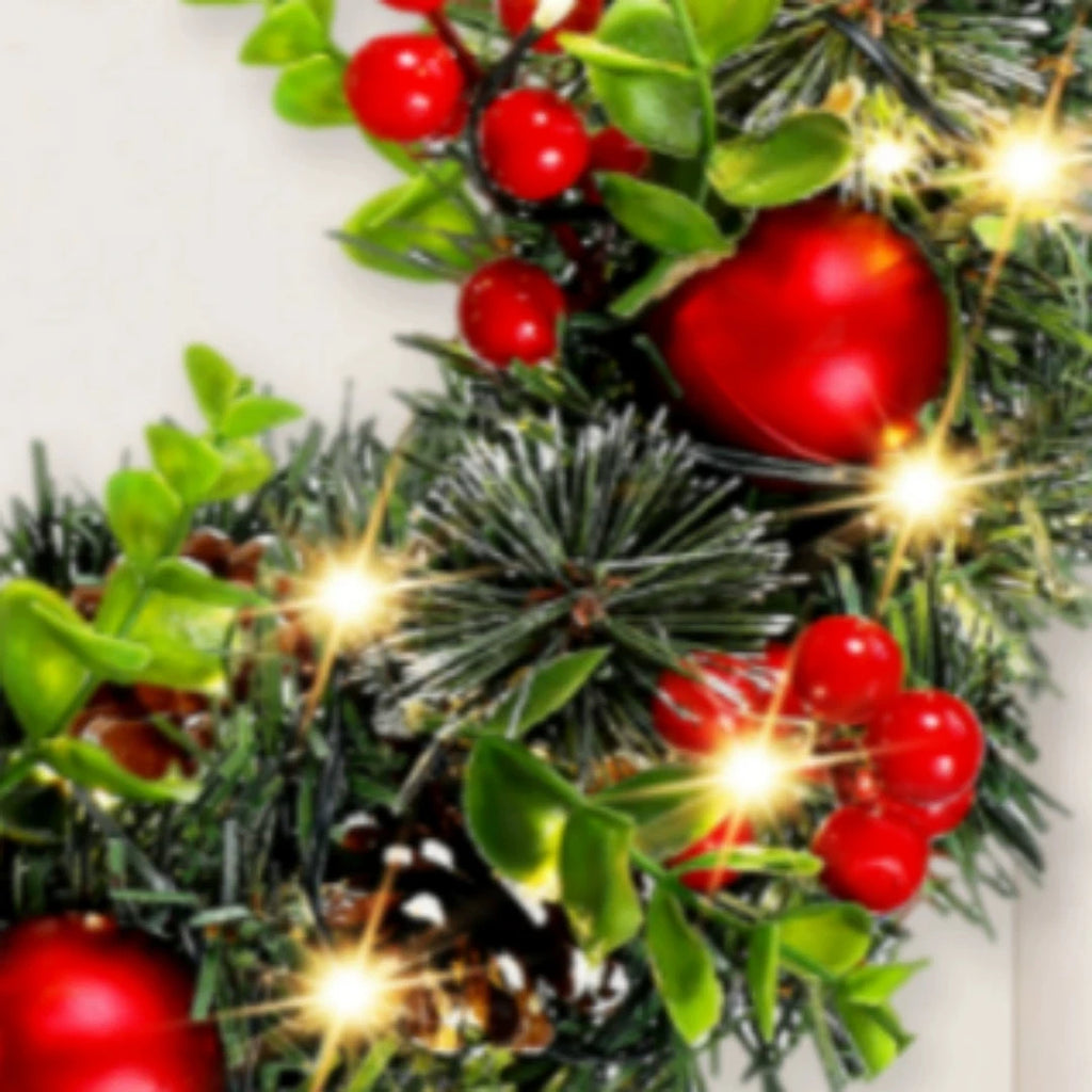 Elegante corona navideña roja con luces LED, corona de Navidad de PVC