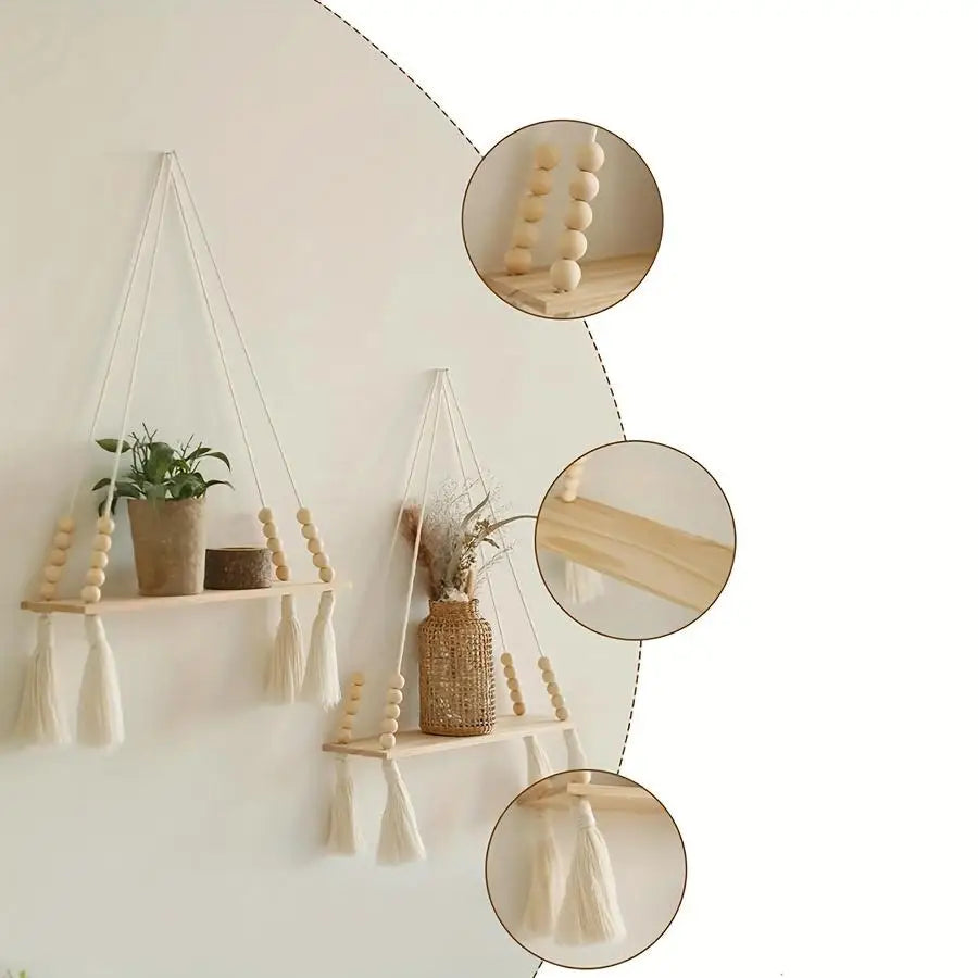 Macetero Colgante Bohemio de Macramé con Cuentas de Madera y Borlas