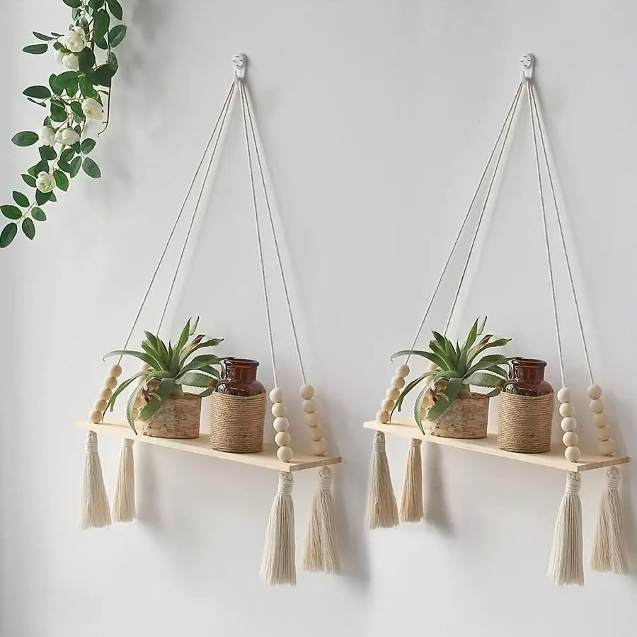 Macetero Colgante Bohemio de Macramé con Cuentas de Madera y Borlas