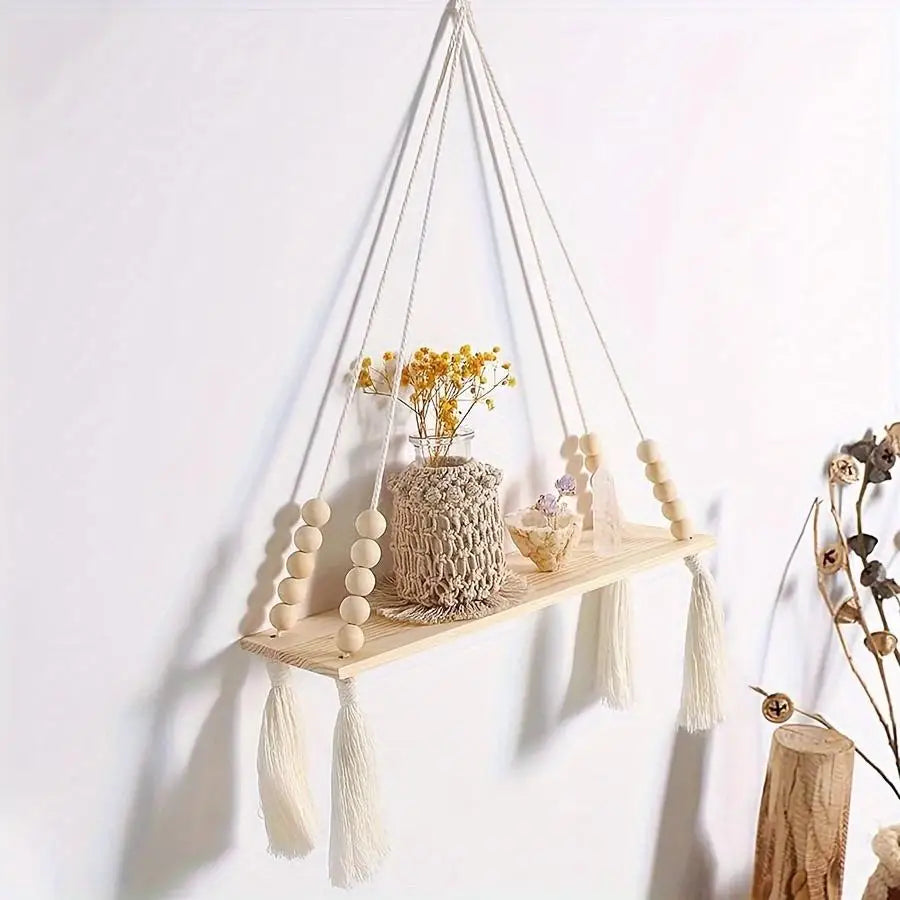 Macetero Colgante Bohemio de Macramé con Cuentas de Madera y Borlas